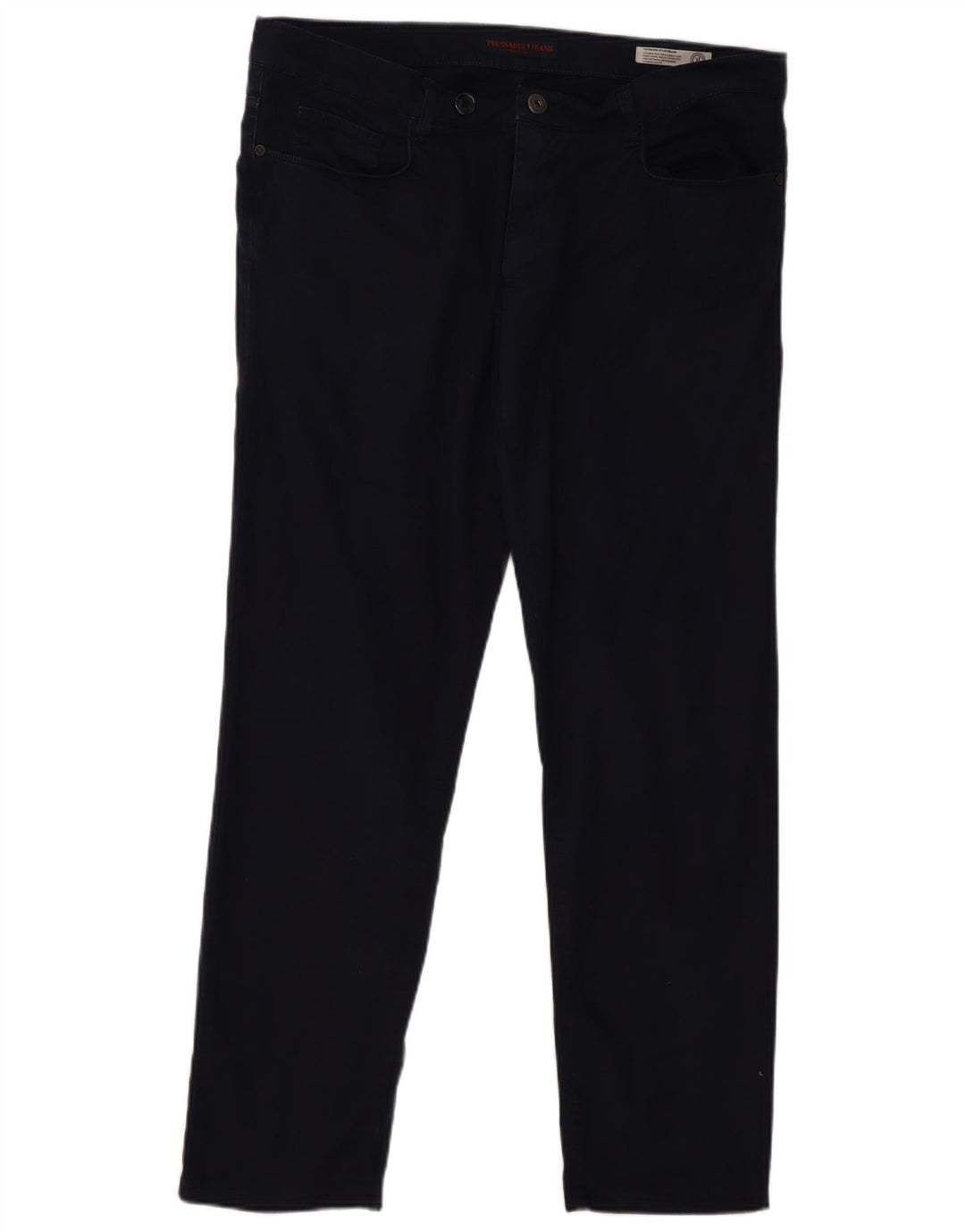 TRUSSARDI Mens Slim Casual Trousers IT 54 2XL W40 L32 Navy Blue Vintage Trussardi and Second-Hand Trussardi from Messina Hembry 