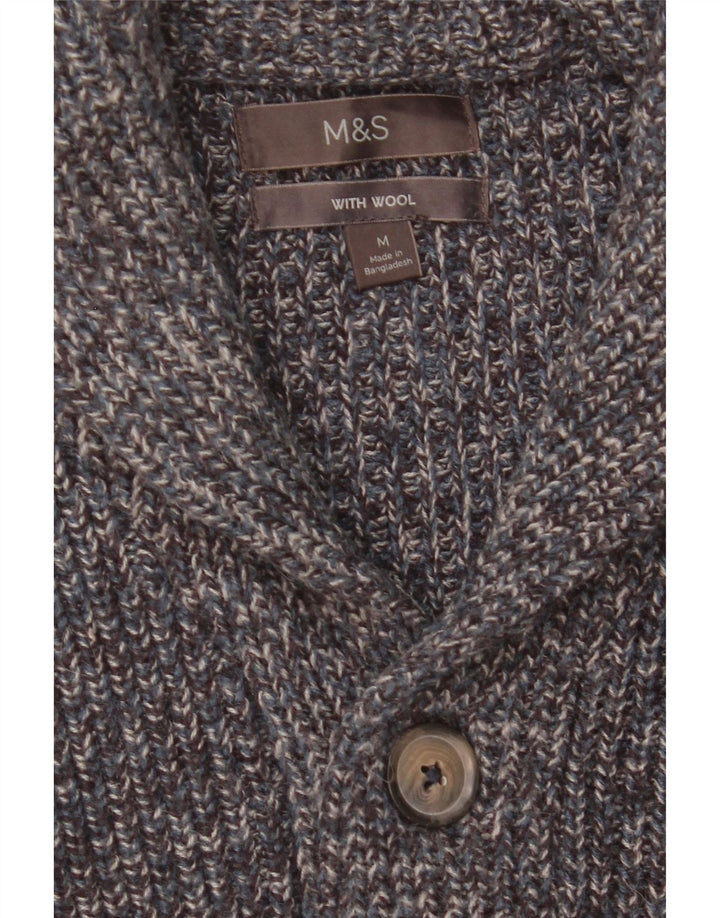 Marks & Spencer Pull Cardigan Homme Bleu Moyen Laine Mouchetée