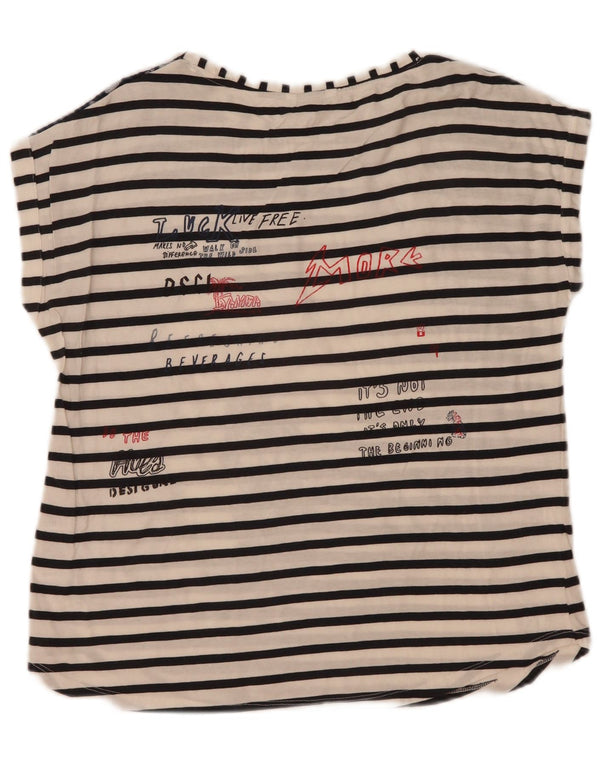 Desigual Womens Graphic T-Shirt Top UK 16 Large Blanc Rayé Coton