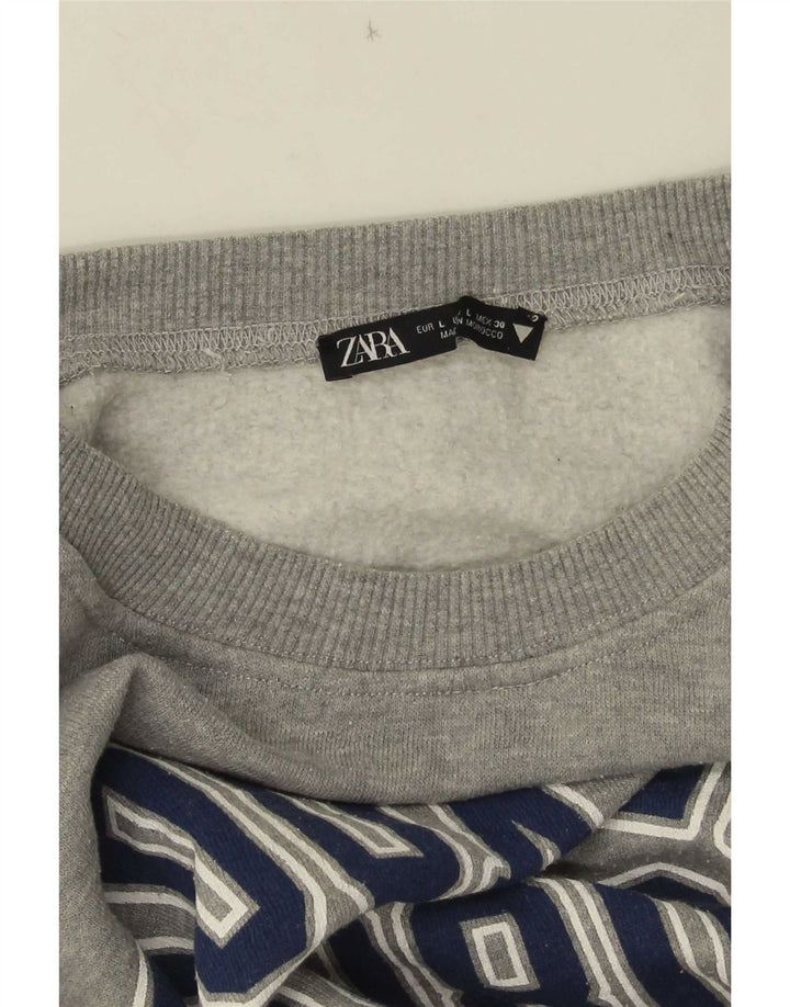 Zara Womens Crop Graphic Sweat-shirt surdimensionné UK 16 Grand Gris