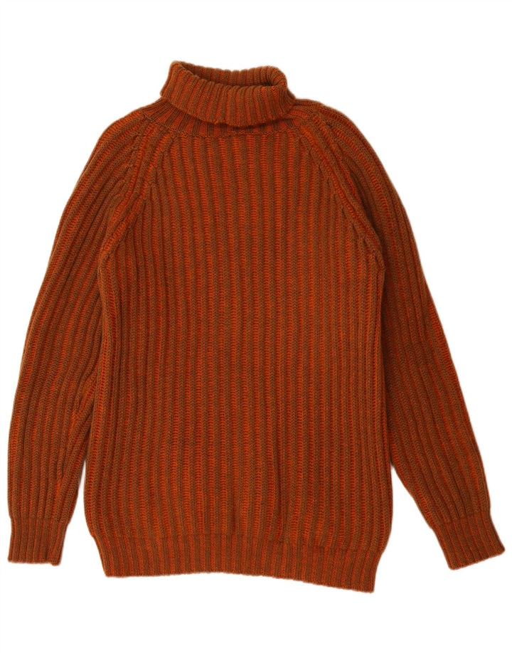 vintage Mens Roll Neck Jumper Pull Grande laine rayée orange
