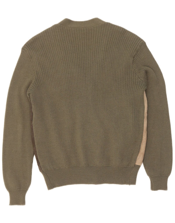 vintage Mens Suede Cardigan Pull IT 50 Moyen Kaki Colourblock Laine