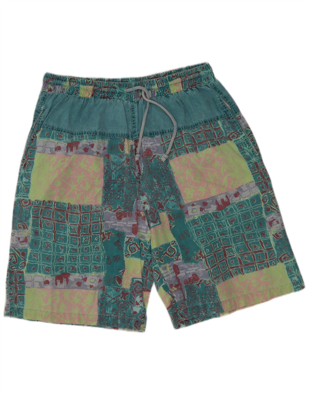 vintage Mens Graphic Casual Shorts XL W32 Vert Patchwork Coton