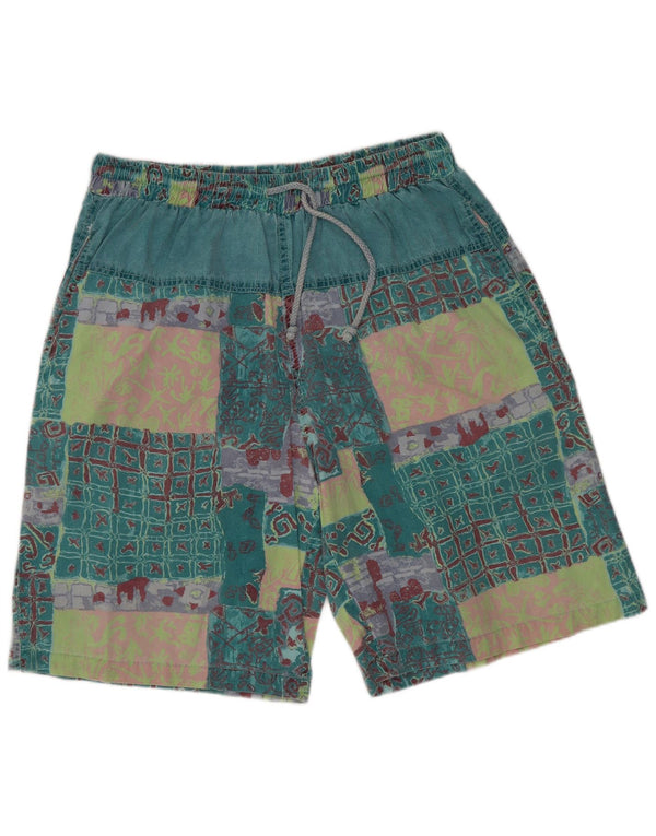 vintage Mens Graphic Casual Shorts XL W32 Vert Patchwork Coton