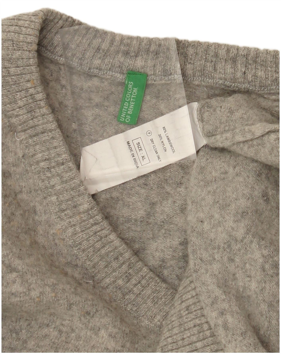BENETTON Pull col V pour femme UK 18 XL Gris laine d'agneau