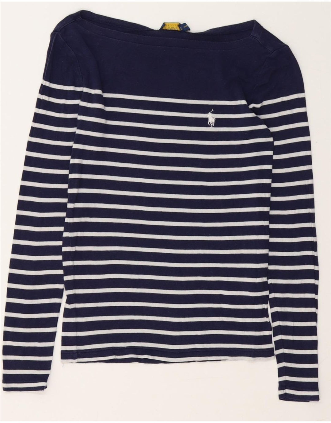 POLO RALPH LAUREN Haut Femme Manches Longues UK 10 Petit Bleu Marine Rayé
