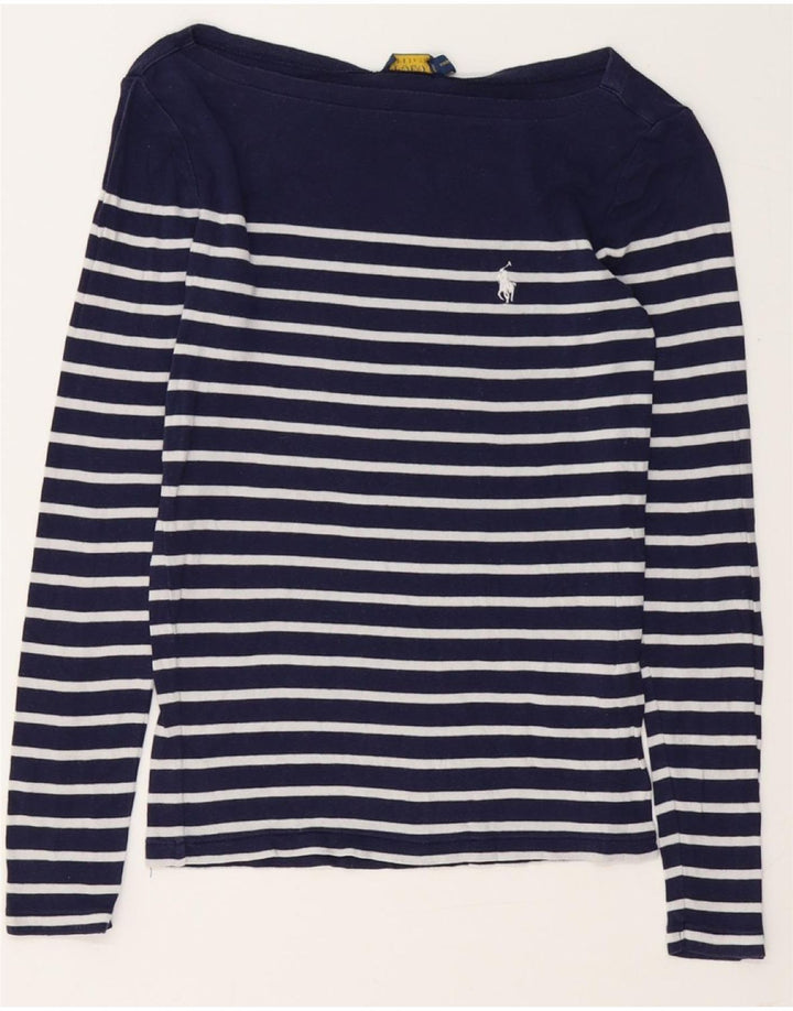 POLO RALPH LAUREN Haut Femme Manches Longues UK 10 Petit Bleu Marine Rayé