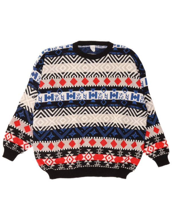 vintage Mens Crew Neck Jumper Pull Grande laine géométrique multicolore