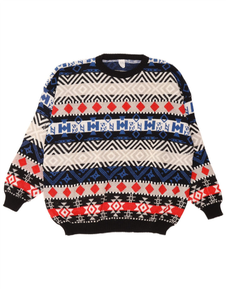 vintage Mens Crew Neck Jumper Pull Grande laine géométrique multicolore