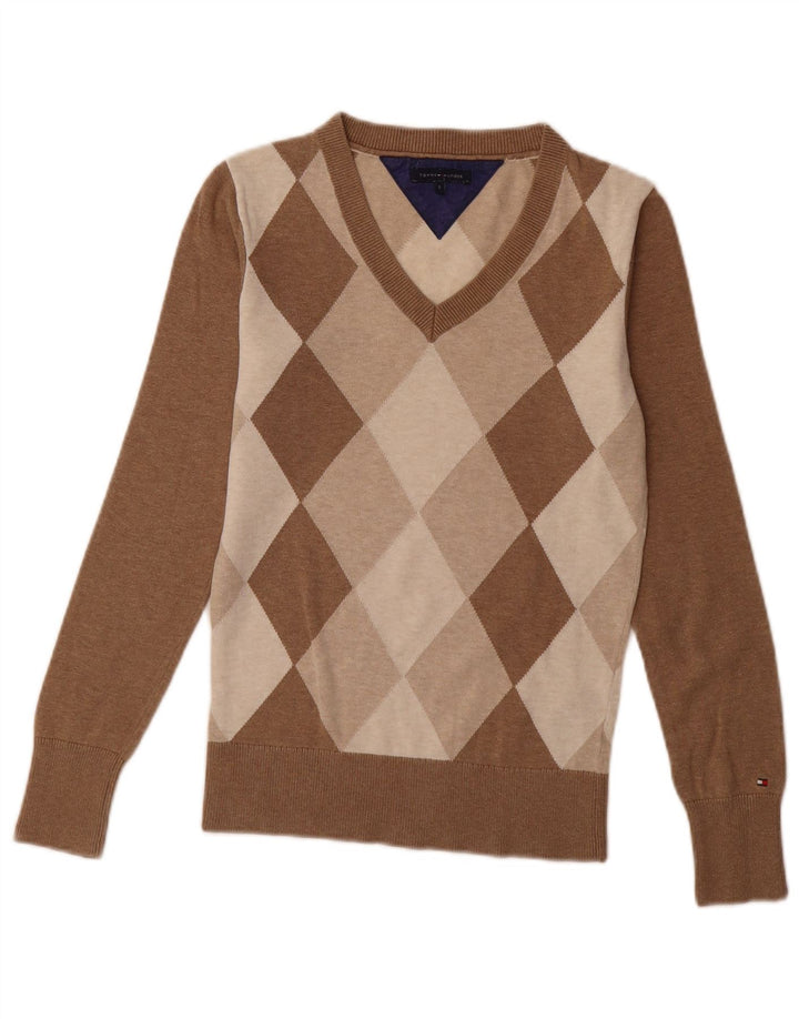 TOMMY HILFIGER Pull col en V pour femme UK 10 Small Marron