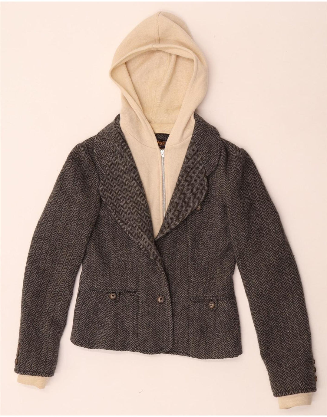 riche Veste blazer à capuche 1 bouton pour femme UK 10 Petit chevron gris