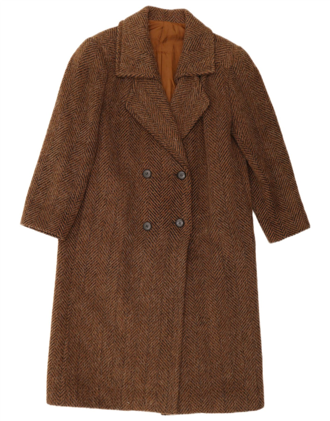 vintage Femme Double Breasted Coat UK 14 Grande laine à chevrons marron