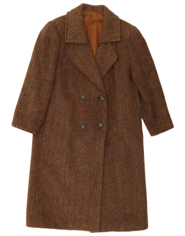 vintage Femme Double Breasted Coat UK 14 Grande laine à chevrons marron