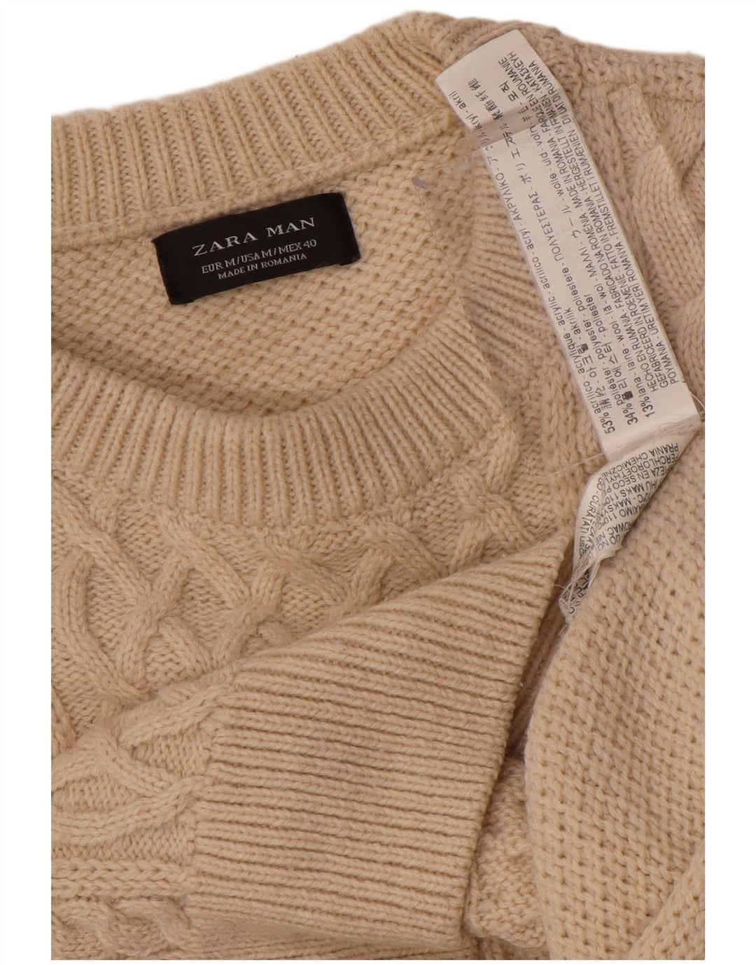 ZARA Homme Pull Col Ras Du Cou Acrylique Beige Moyen