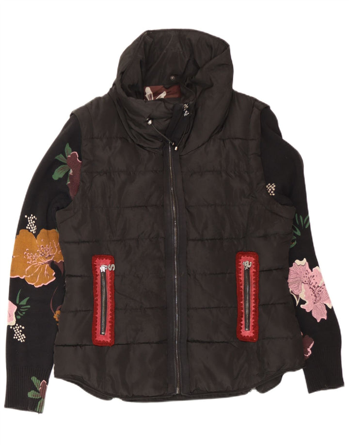 Desigual Veste matelassée pour femme EU 40 Medium Noir Floral Coton