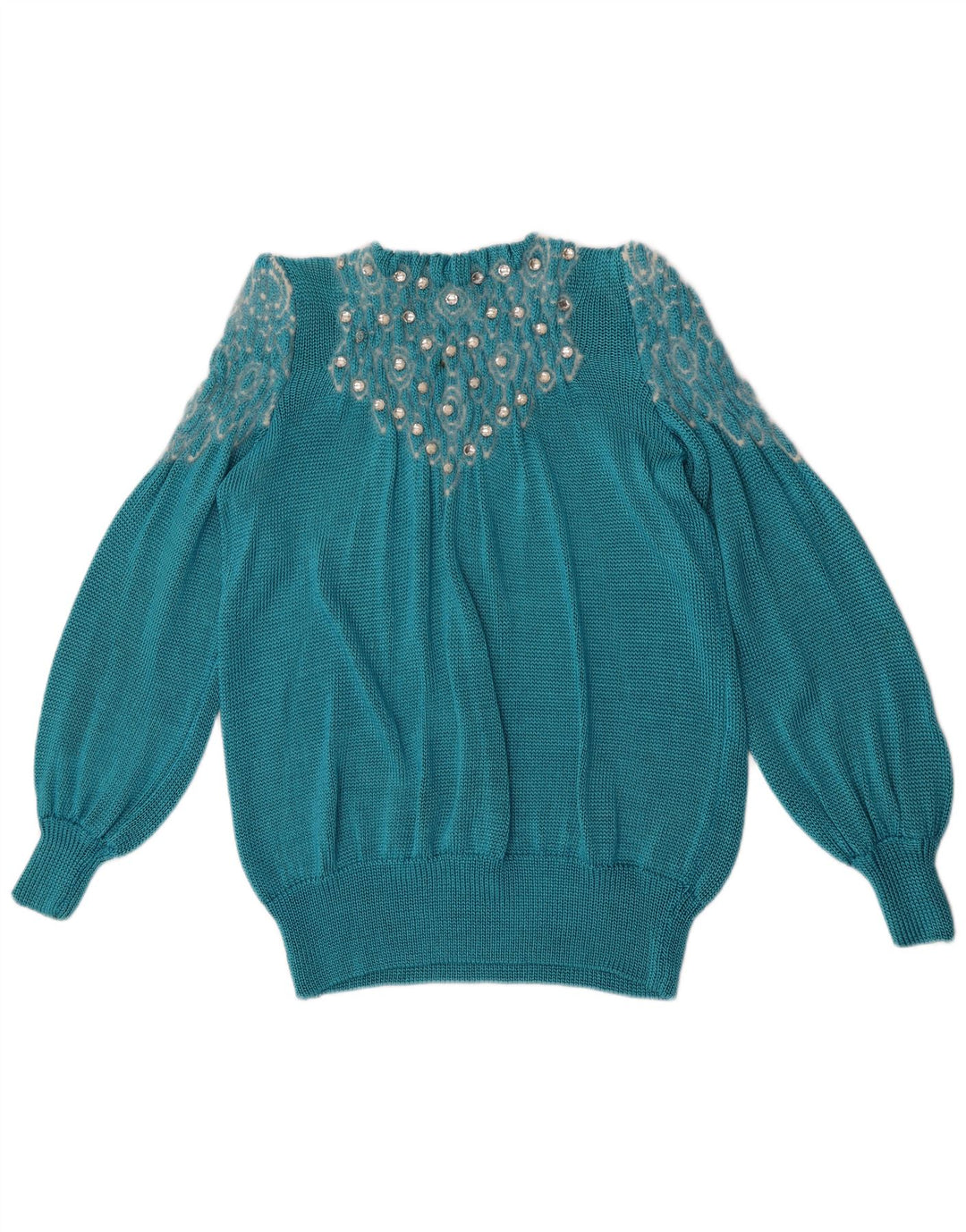 vintage Femmes Motif Abstrait Crew Neck Jumper Pull UK 14 Grand Bleu