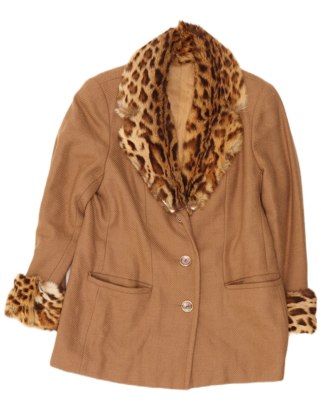 vintage Femmes Court Pardessus UK 14 Moyen Beige Animal Print