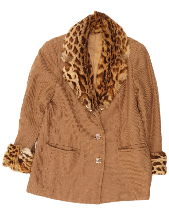 vintage Femmes Court Pardessus UK 14 Moyen Beige Animal Print