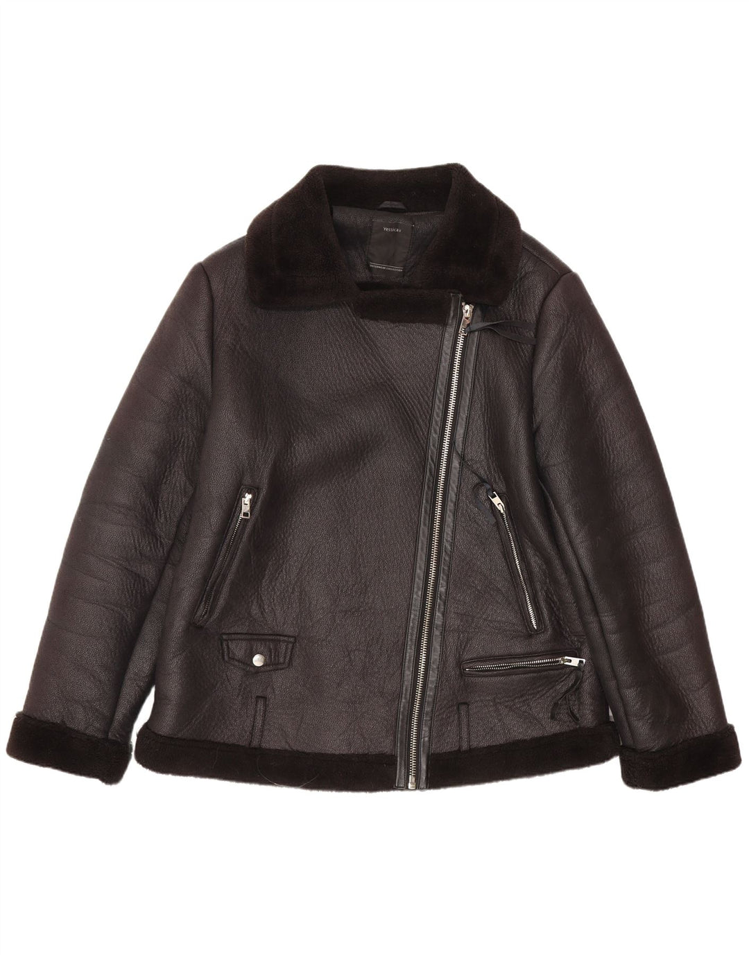 C&A Veste de motard en simili cuir Sherpa pour femme EU 44 XL Noir Polyester