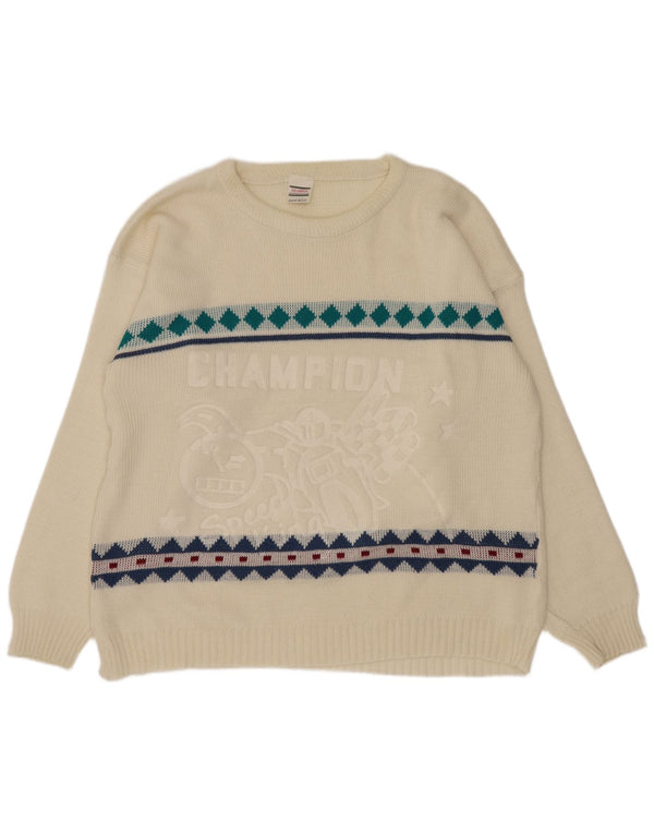 vintage Mens Boat Neck Jumper Pull Grand Off White Argyle/Diamant