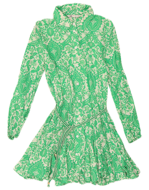 Zara Robe Chemise Femme UK 14 Grand Coton Floral Vert