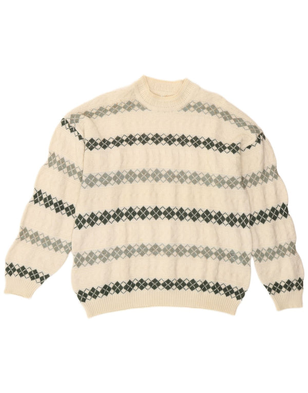 vintage Mens Turtle Neck Jumper Pull XL Off White Argyle/Diamond Rétro