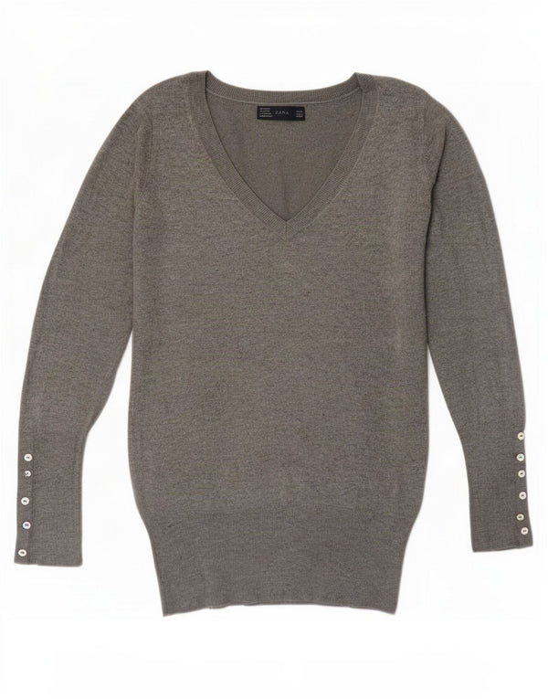 Zara Womens V-Neck Jumper Sweater UK 12 Medium Grey