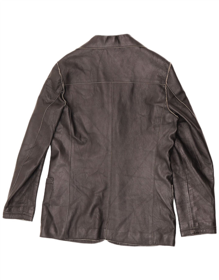 vintage Femme 3 Boutons Veste Blazer En Cuir UK 16 Grand Noir