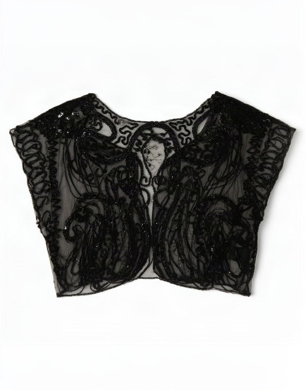 vintage Femmes Crop Sans Manches Voir À Travers Top UK 8 Petit Paisley Noir