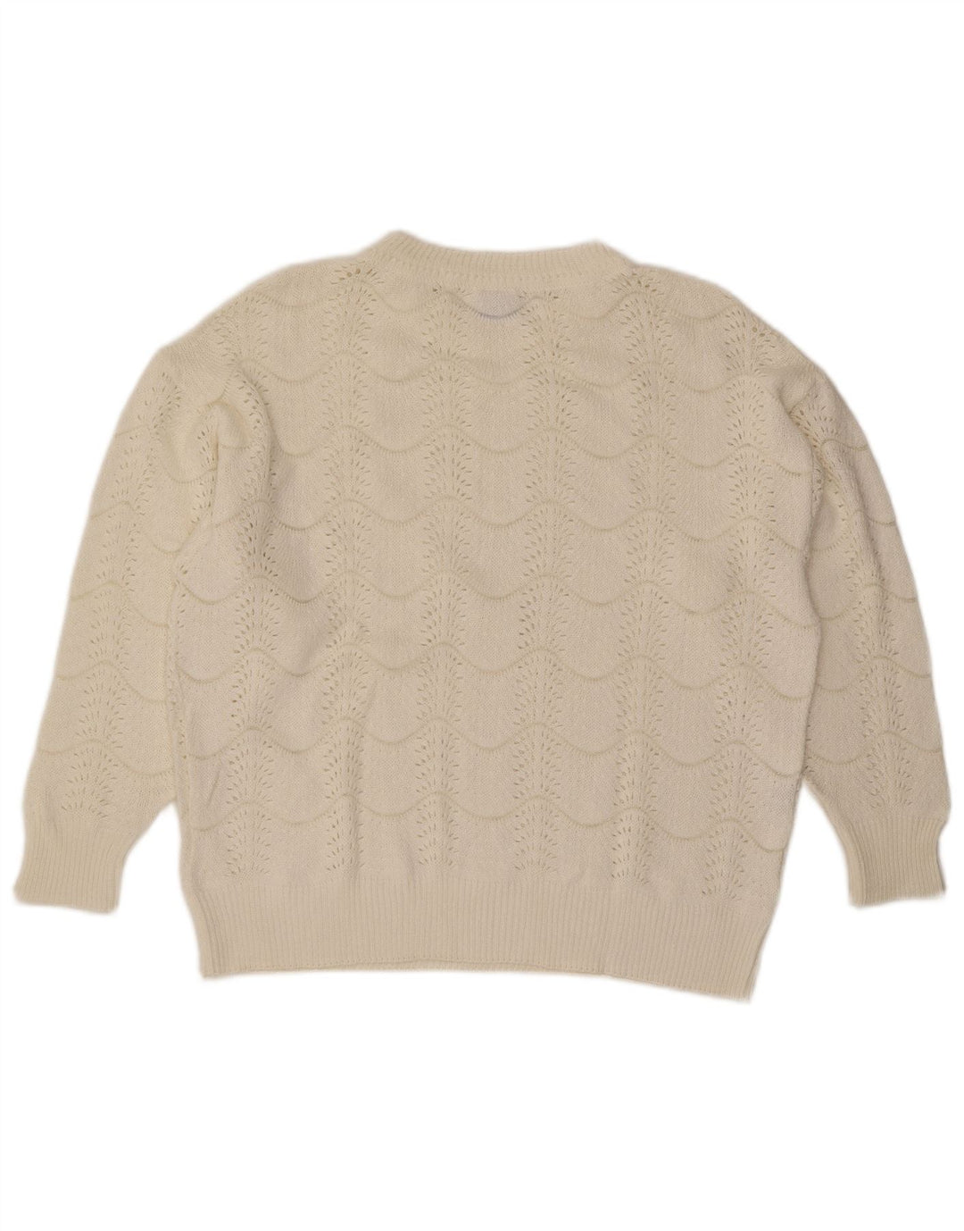 vintage Femme Crew Neck Jumper Pull IT 46 Grand Chevron Blanc Cassé