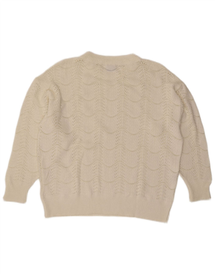 vintage Femme Crew Neck Jumper Pull IT 46 Grand Chevron Blanc Cassé