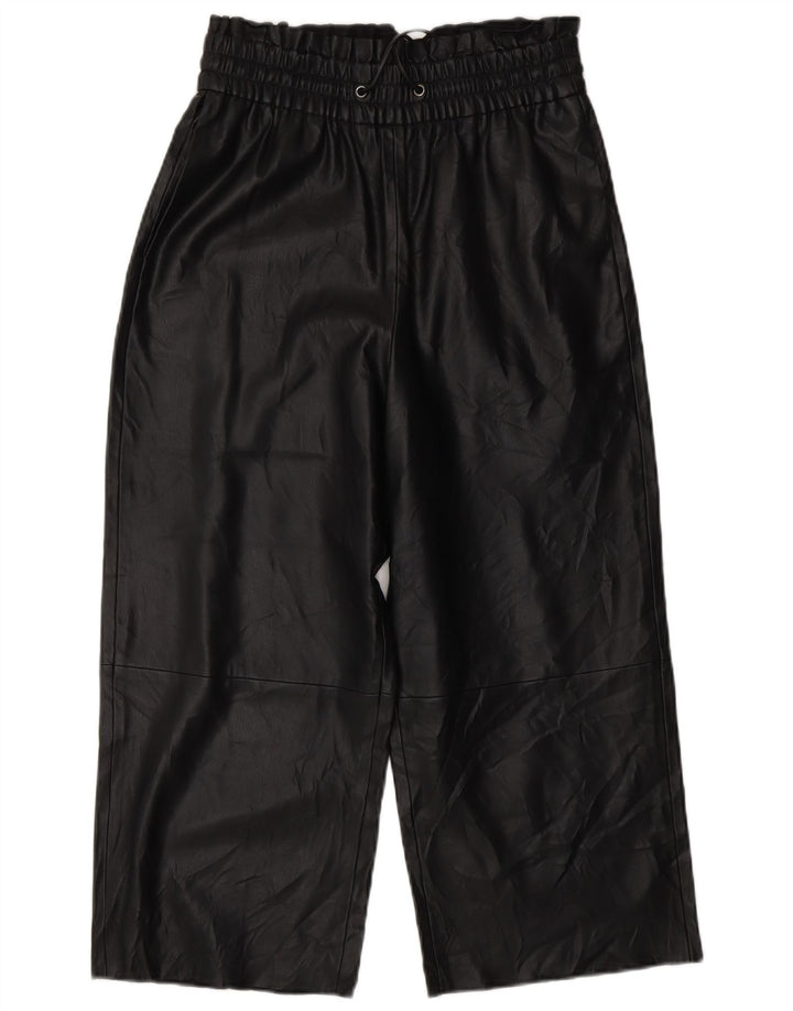 ZARA Pantalon court en similicuir à jambe large pour femme XS W25 L20 Noir