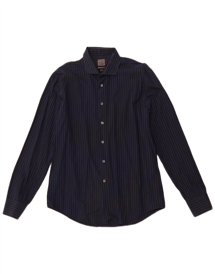 CALVIN KLEIN Chemise Slim Fit Homme Taille 16 41 Grand Coton Rayé Bleu Marine