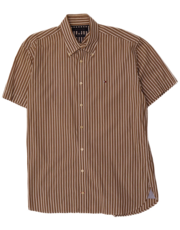 Tommy Hilfiger Chemise à manches courtes pour homme en coton à fines rayures marron