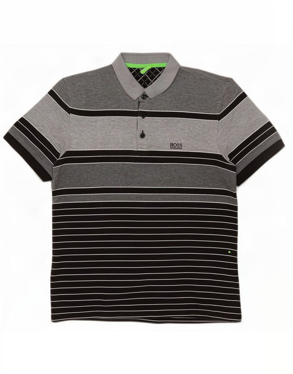 Hugo Boss Mens Polo Shirt Large Grey Striped Cotton