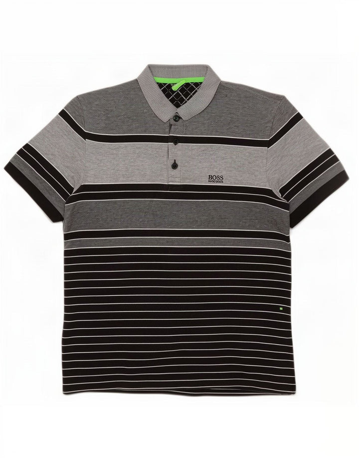 Hugo Boss Mens Polo Shirt Large Grey Striped Cotton