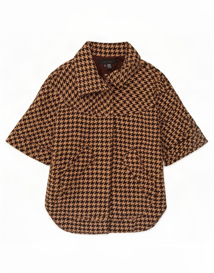 Zara Manteau Cape à Manches Courtes Femme UK 14 Laine Pied-de-Poule Marron Moyen