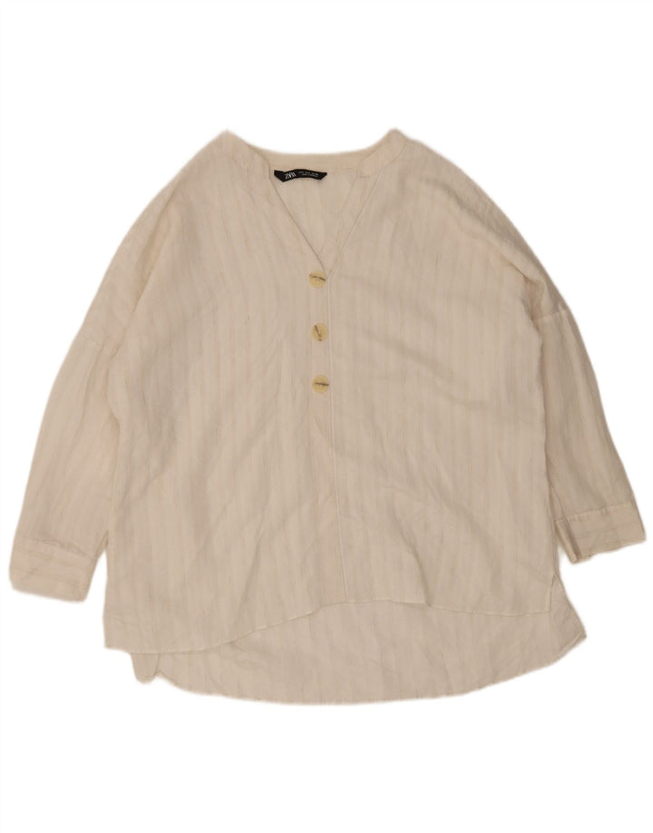 Zara Chemisier surdimensionné à manches 3/4 pour femme UK 16 Large Blanc Rayé