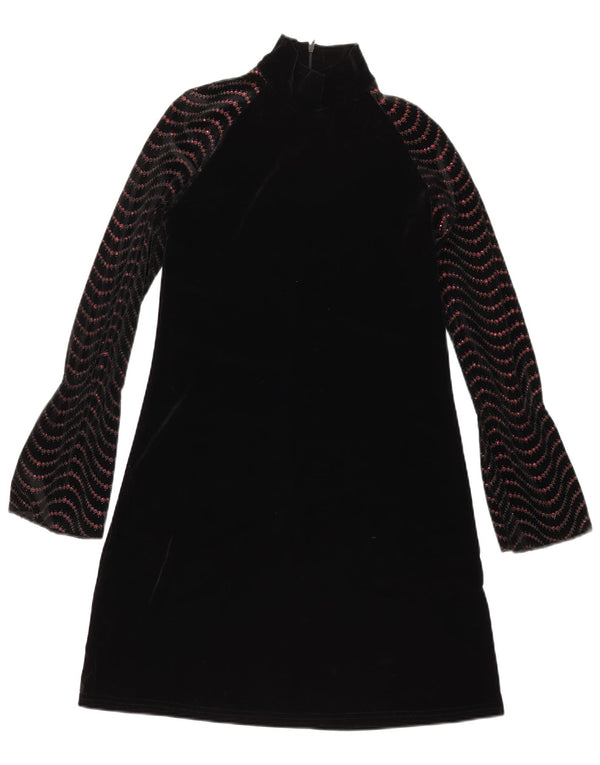 vintage Femmes Manches Longues Velours A-Line Robe UK 12 Chevron Noir Moyen