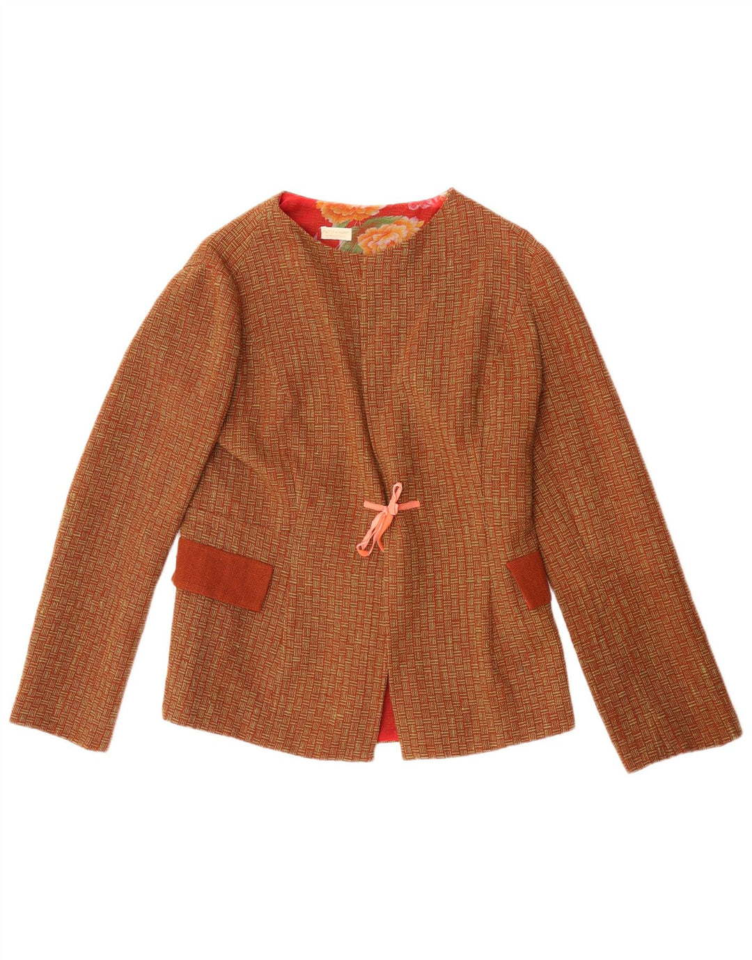 Fatto a Mano Veste Blazer Femme UK 8 Petite Laine Géométrique Marron