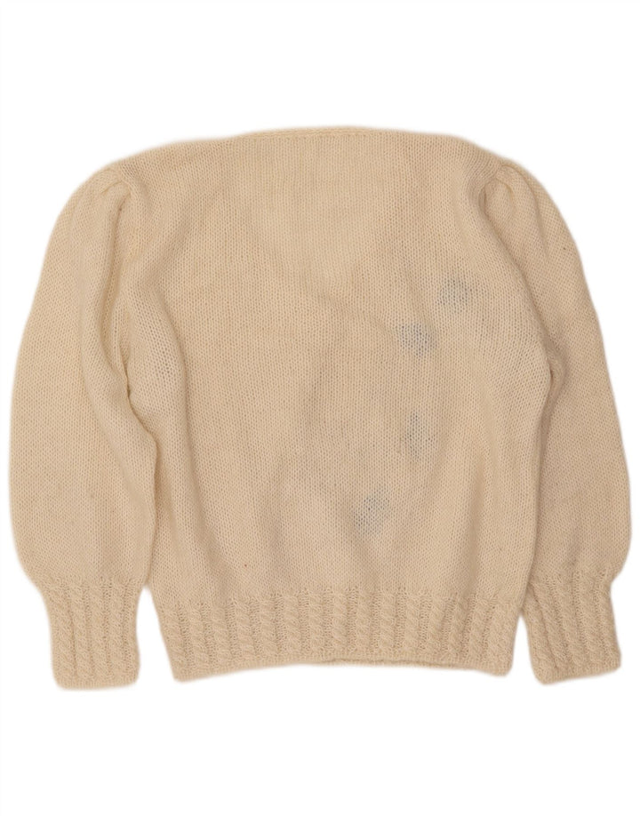 VINTAGE Femme V-Col Jumper Pull UK 16 Grand Off White Floral