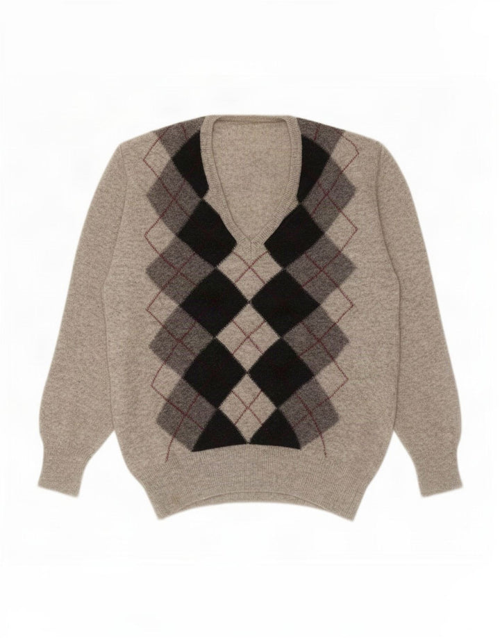 vintage Homme Col V Pull Pull Petit Gris Argyle/Diamant