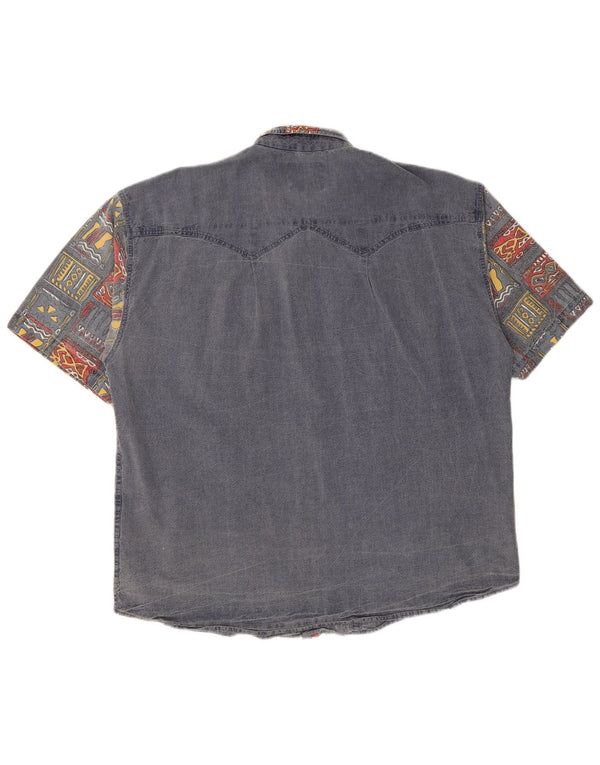 vintage Mens Short Sleeve Denim Shirt XL Bleu Marine Géométrique Coton