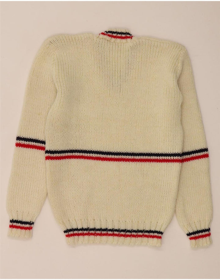 vintage Mens V-Col Jumper Pull Petit Blanc Rayé