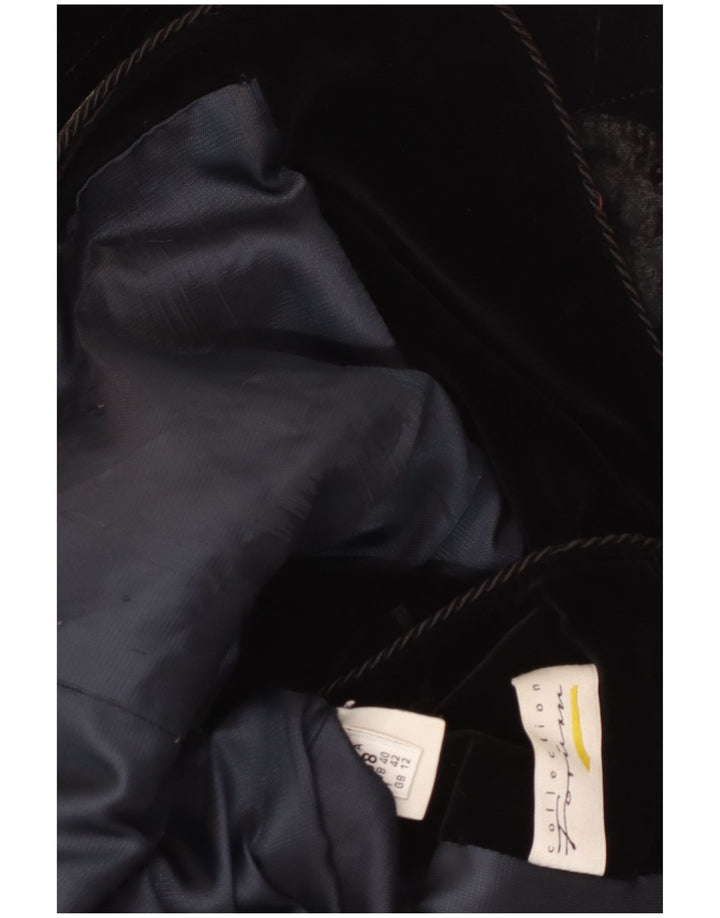 vintage Femmes Graphique Velours Pardessus UK 12 Moyen Noir Floral