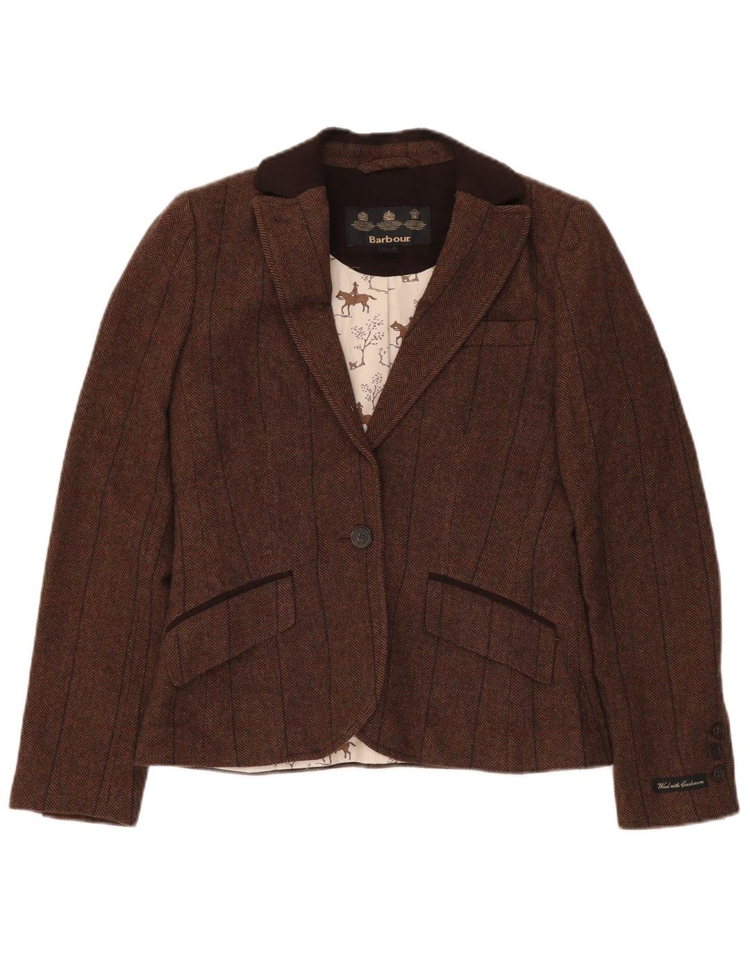 BARBOUR Veste Blazer 1 Bouton Femme UK 10 Petite Laine à Chevrons Marron