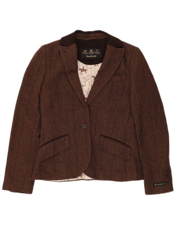 BARBOUR Veste Blazer 1 Bouton Femme UK 10 Petite Laine à Chevrons Marron