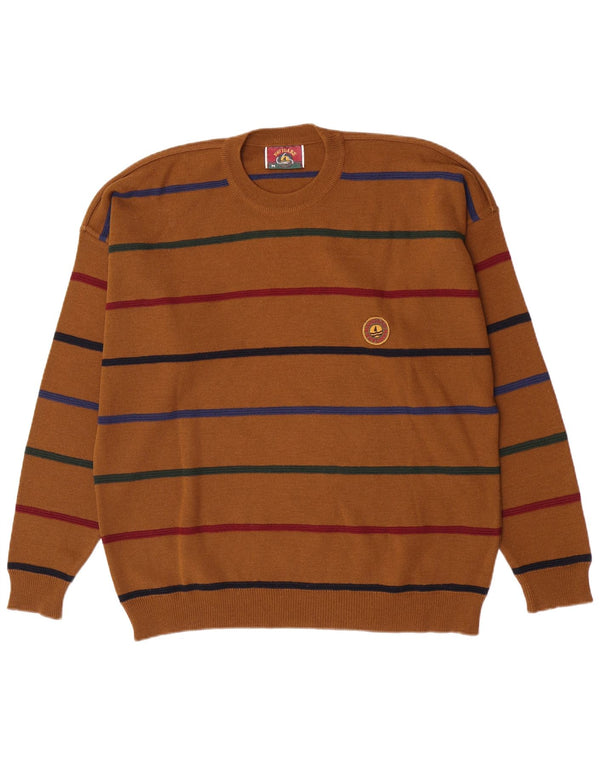 Navigare Pull à col rond pour homme en laine rayée marron moyen