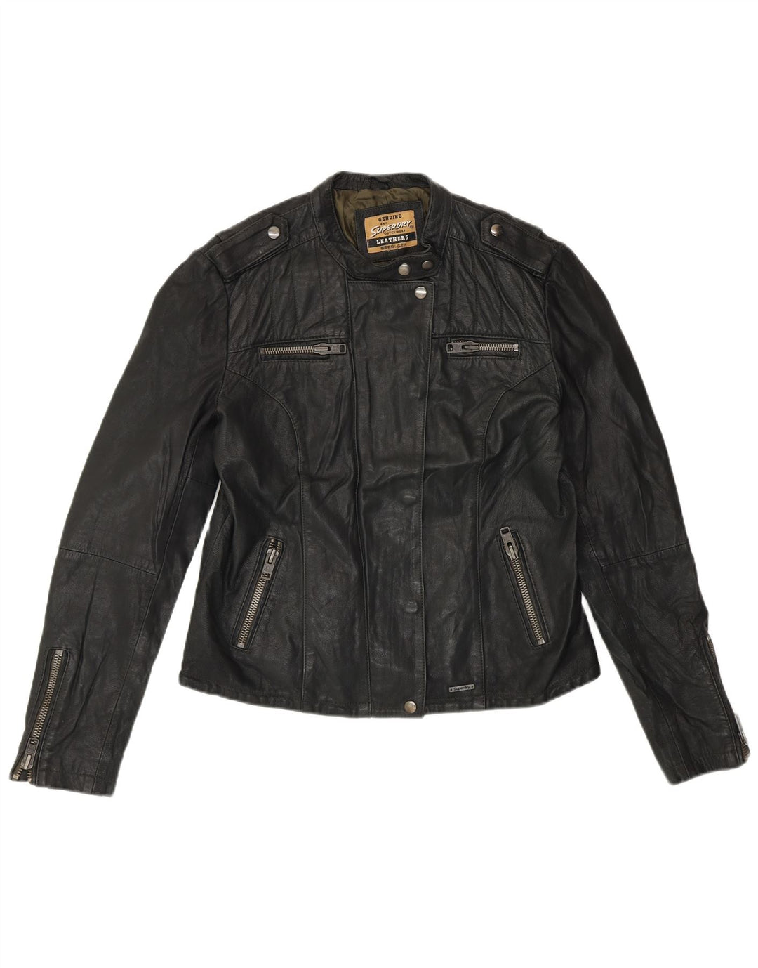 SUPERDRY Veste en cuir pour femme UK 14 Cuir noir moyen