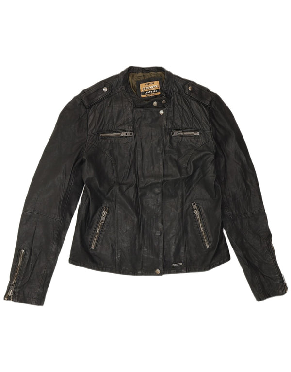SUPERDRY Veste en cuir pour femme UK 14 Cuir noir moyen